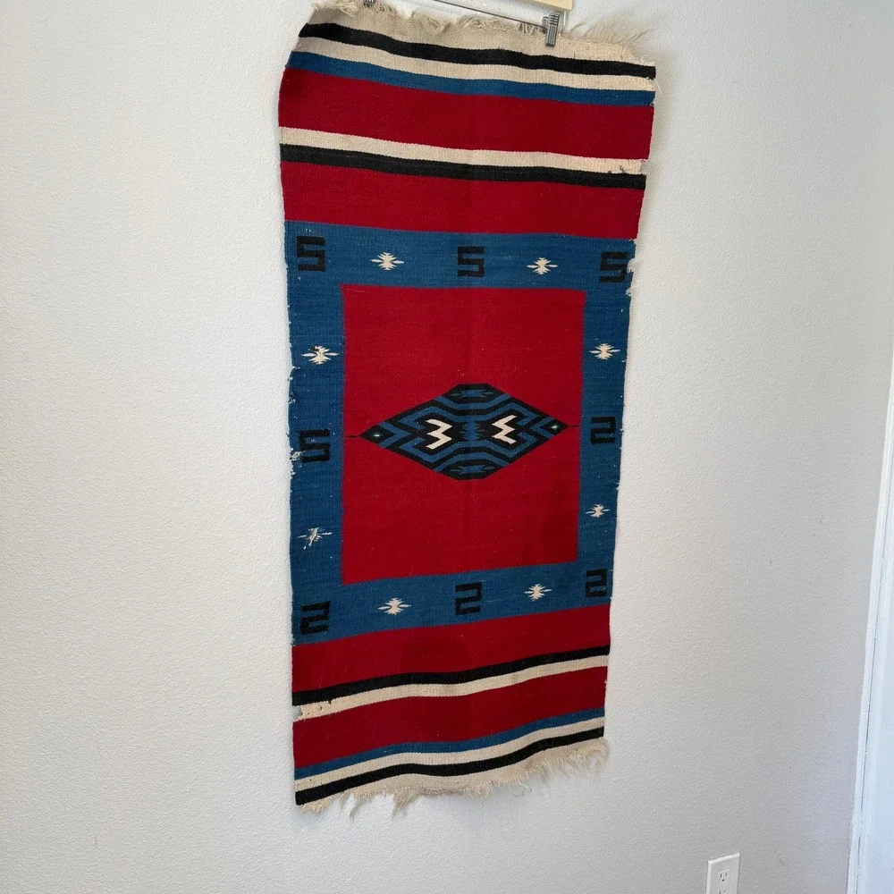 Vintage Southwestern Handwoven Wool Rug Red Blue Geometric Tribal Wall Hanging